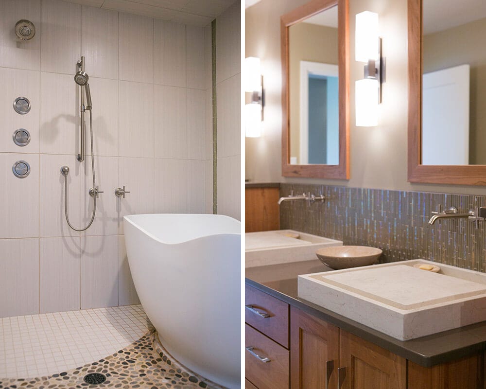 Custom bathroom remodel in Madison, Wisconsin by TDS Design Build. Locally sourced river rocks set in the floor of the steam shower were used to create a path to the tub and to a built in shower bench.