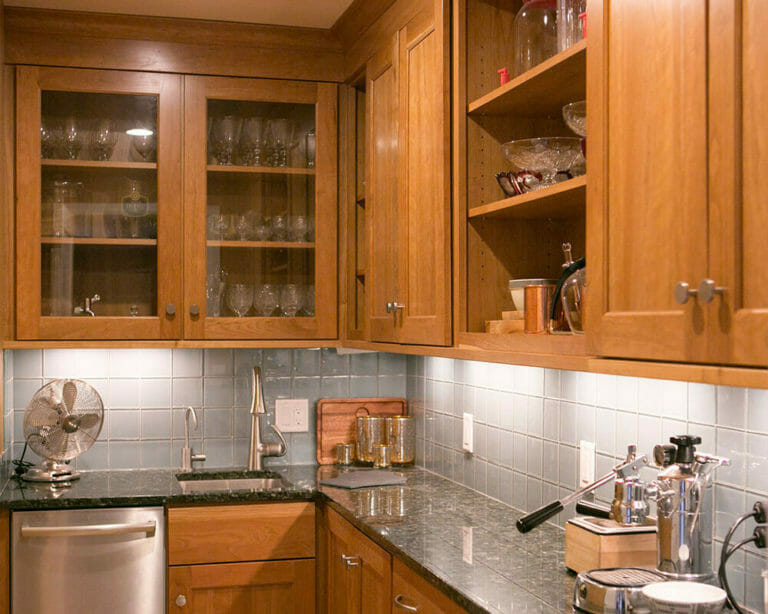 Custom butler pantry remodel with custom Woodharbor cabinets in Madison, Wisconsin by TDS Design Build.