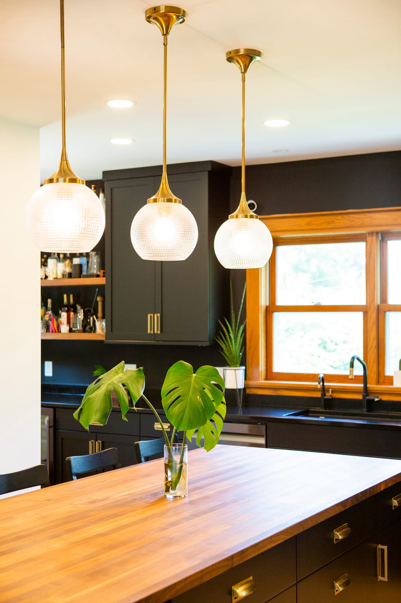 Modern kitchen featuring three pendant lights, a wooden island, and a potted monstera plant on the counter.