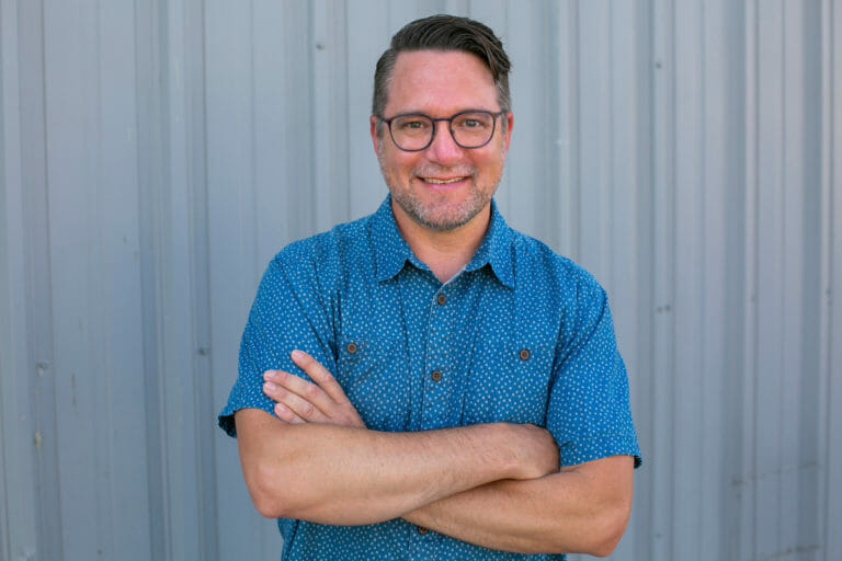 Ben Blodgett, the owner of TDS Custom Construction, has his portrait taken in Madison, Wisconsin on June 10, 2021.