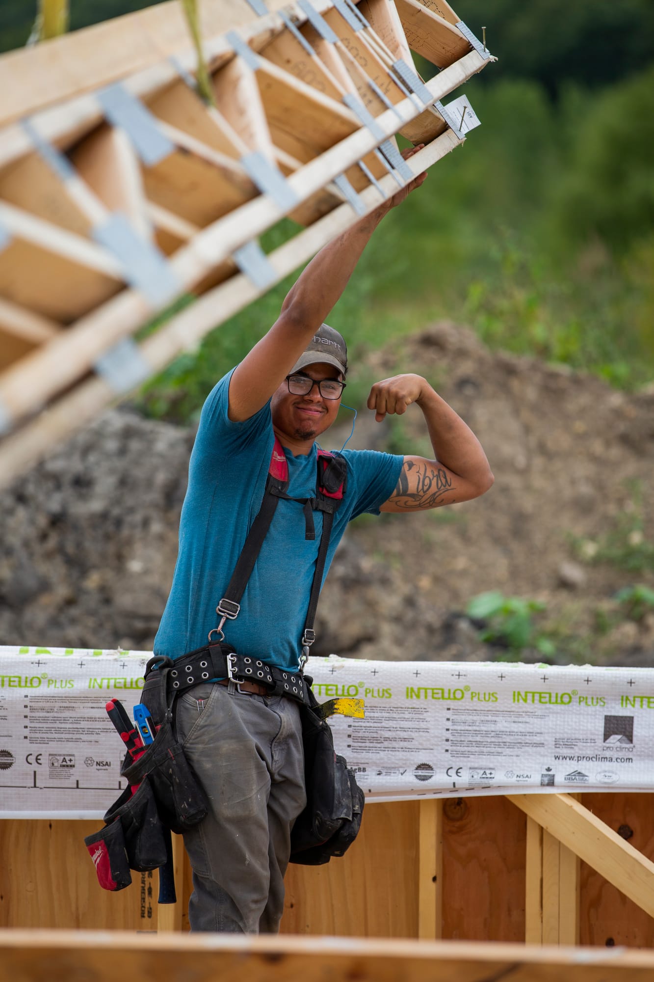 Carpenter working on passive home in Cross Plains, Wisconsin